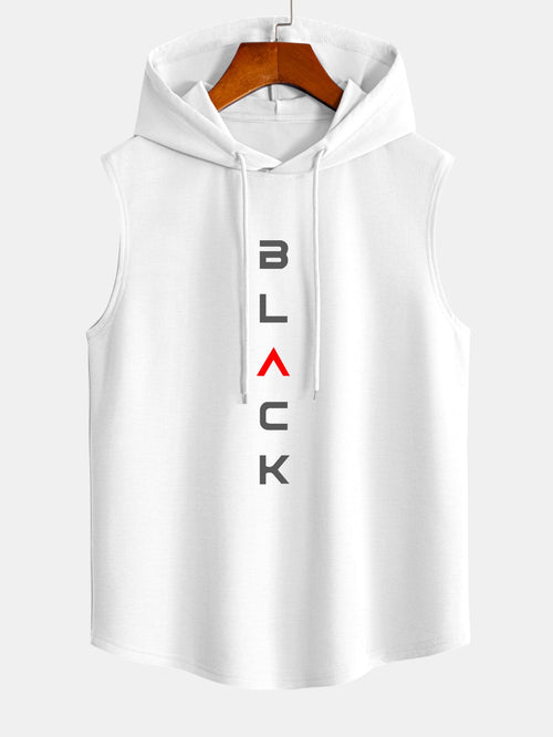 Black Print Curved Hem Sleeveless Hooded Tank Top