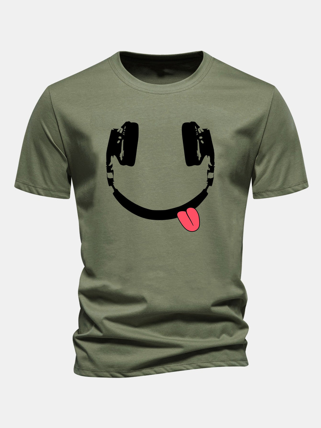 Regular Fit Headphone Smiley Face Print Cotton T-Shirt