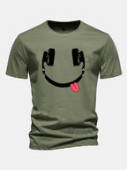 Regular Fit Headphone Smiley Face Print Cotton T-Shirt
