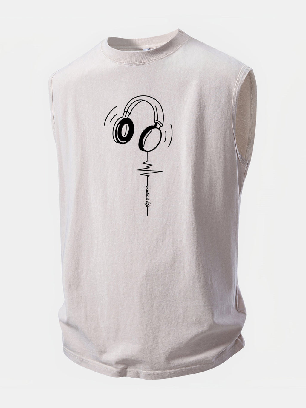 Earphone Heartbeat Print Washed Distressed Tank Top