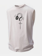 Earphone Heartbeat Print Washed Distressed Tank Top