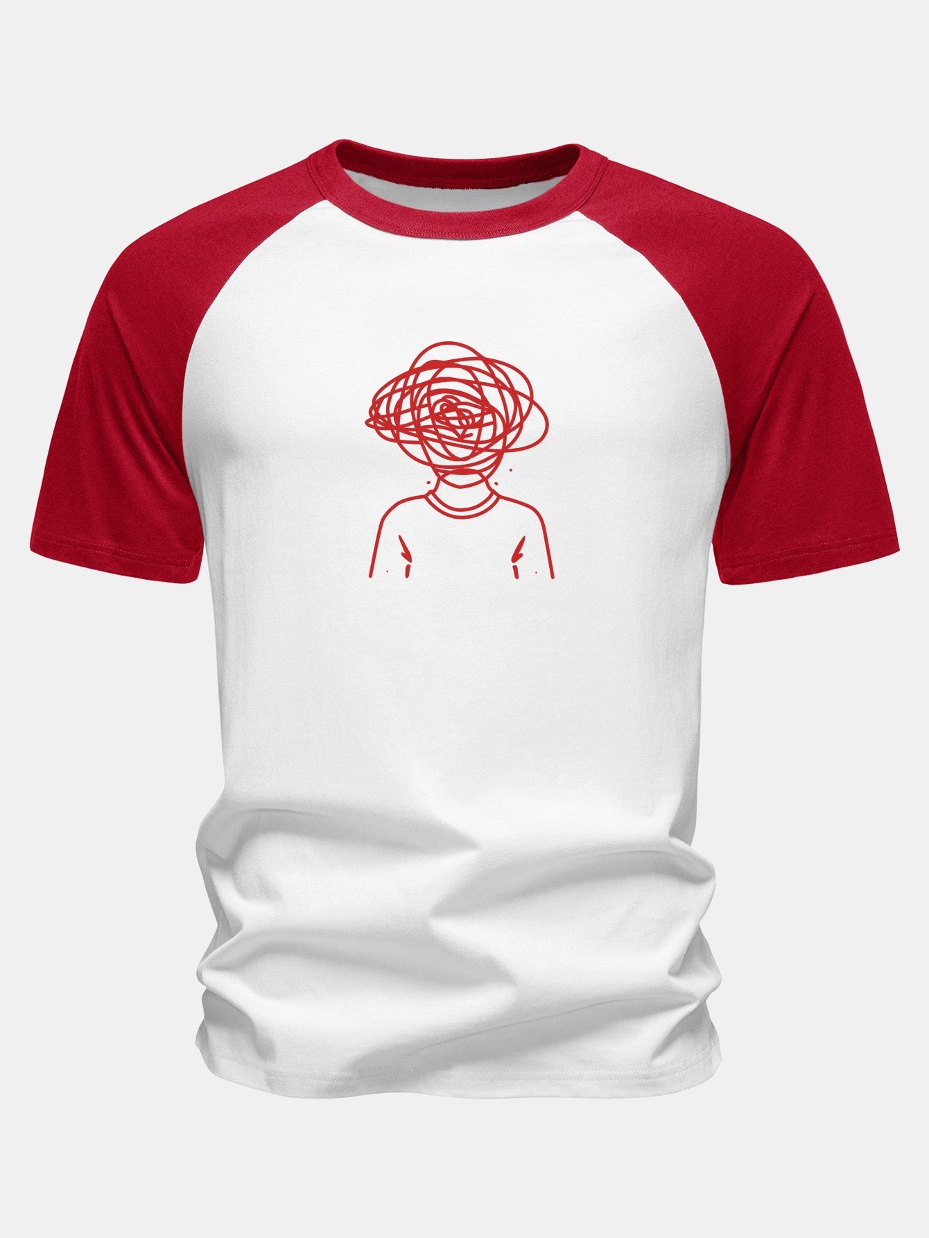 Overthinking Scribble Head Print Cotton Raglan Sleeve T-Shirt