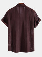 Open Knit Textured Cuban Collar Shirt & Crinkle Textured Drawstring 5" Shorts