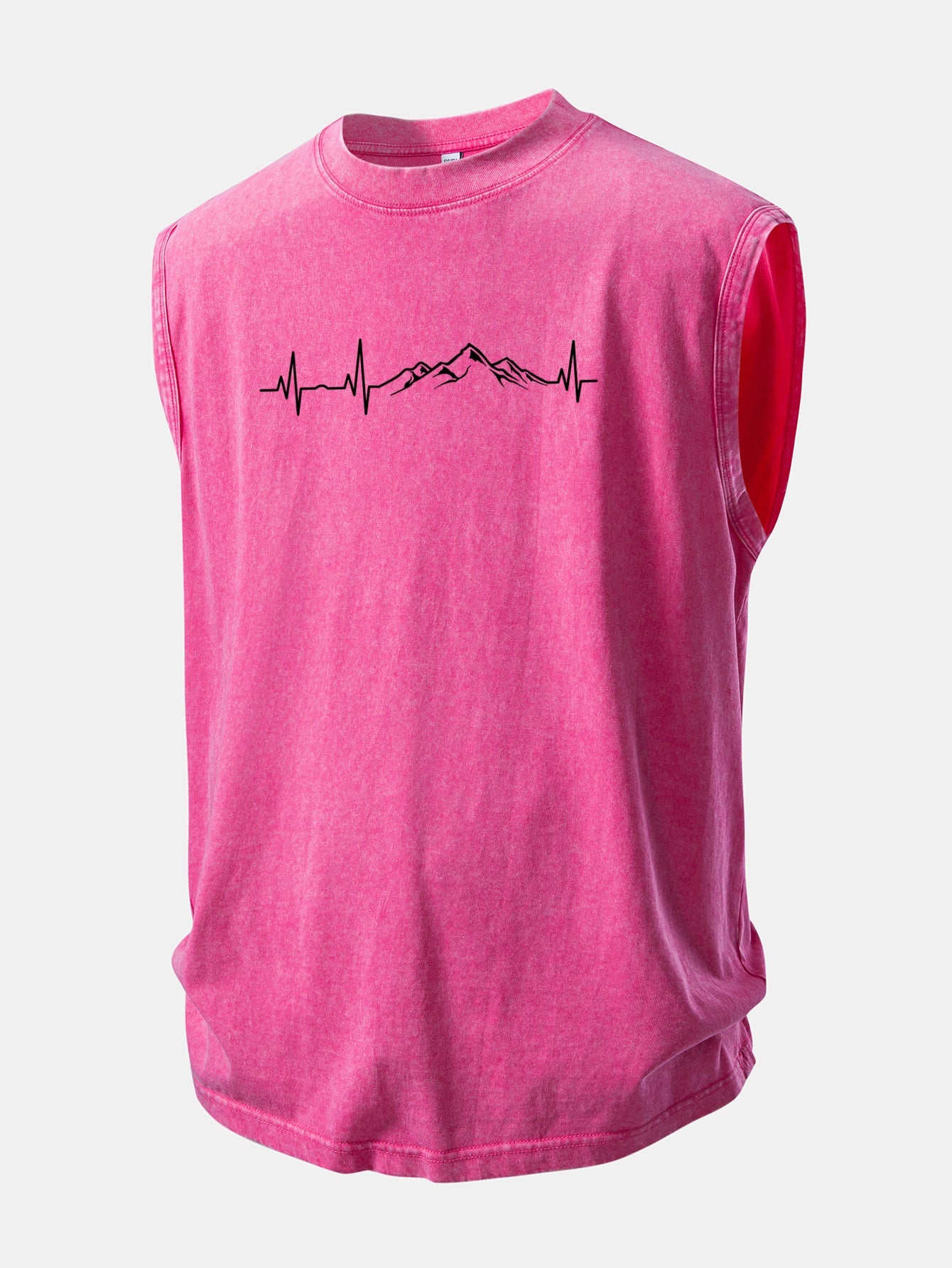 Mountain Heartbeat Print Washed Distressed Tank Top