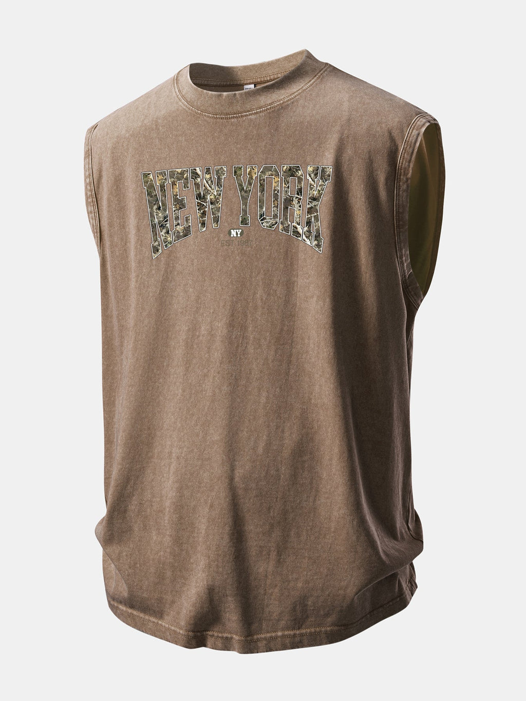 Camouflage New York Print Washed Distressed Tank Top