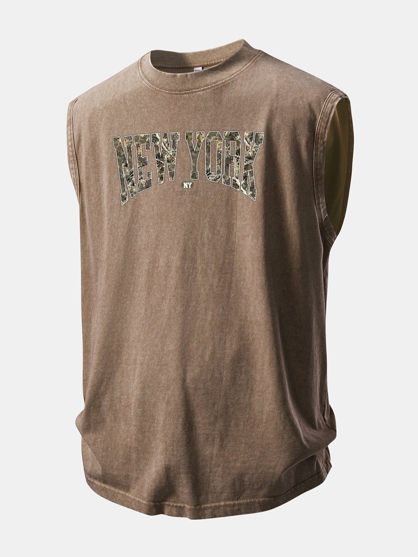 Camouflage New York Print Washed Distressed Tank Top