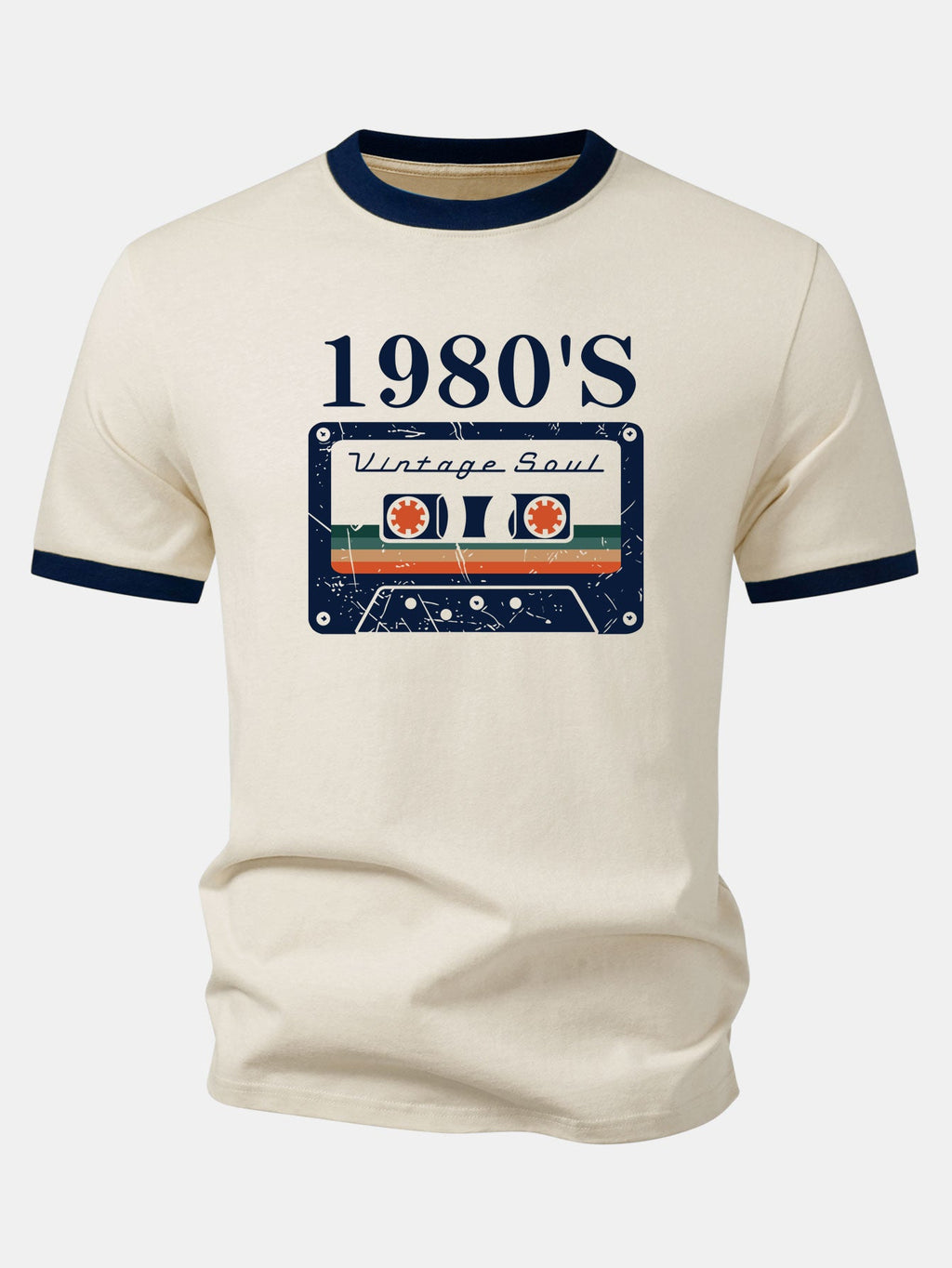 1980‘s Cassette Tape Print Contrast Ringer T-Shirt