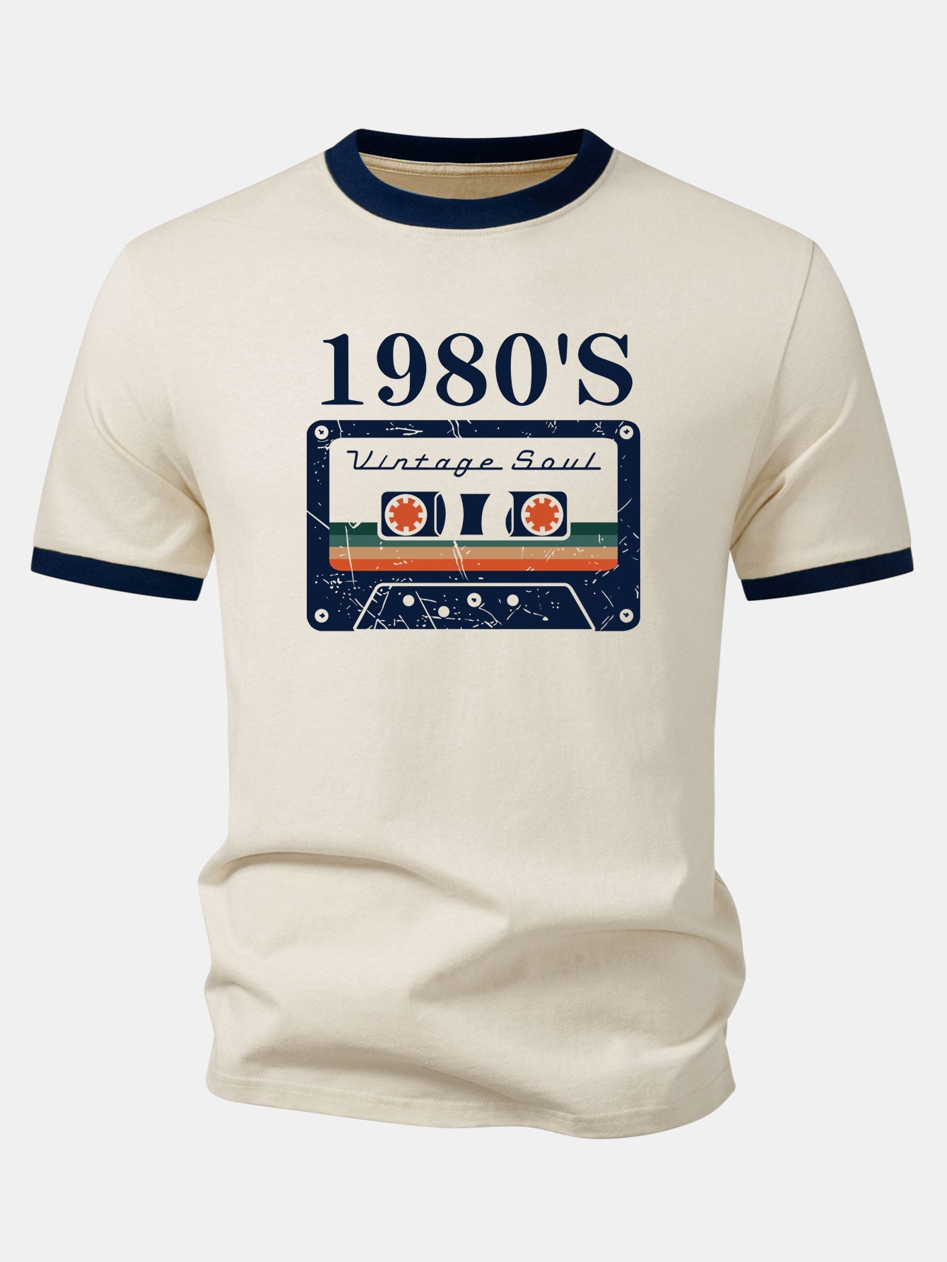 1980‘s Cassette Tape Print Contrast Ringer T-Shirt