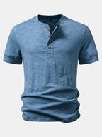 Textured Cotton Henry Collar T-Shirt