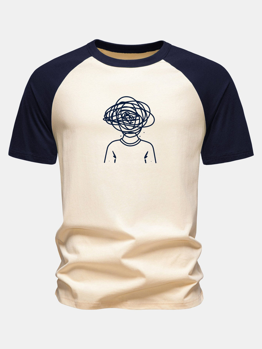 Overthinking Scribble Head Print Cotton Raglan Sleeve T-Shirt