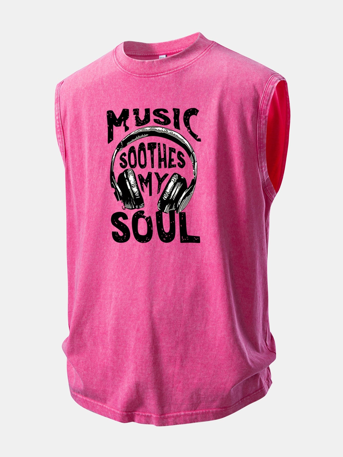 Music Headphones Print Washed Distressed Tank Top