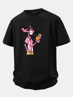 Relax Fit Vacation Pink Panther Print Crew Collar T-Shirt  & Drawstring Jersey 7" Shorts