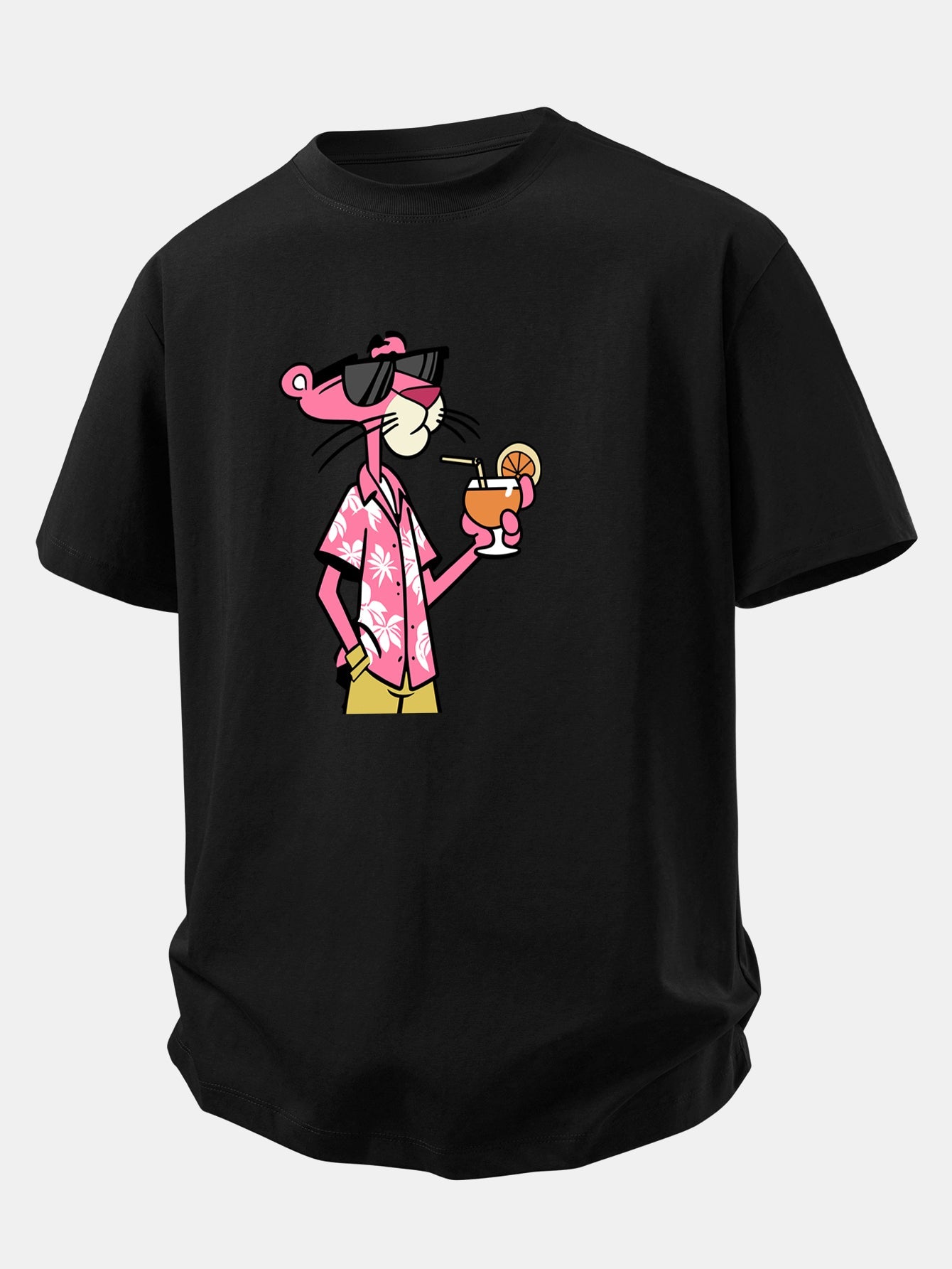 Relax Fit Vacation Pink Panther Print Crew Collar T-Shirt  & Drawstring Jersey 7" Shorts