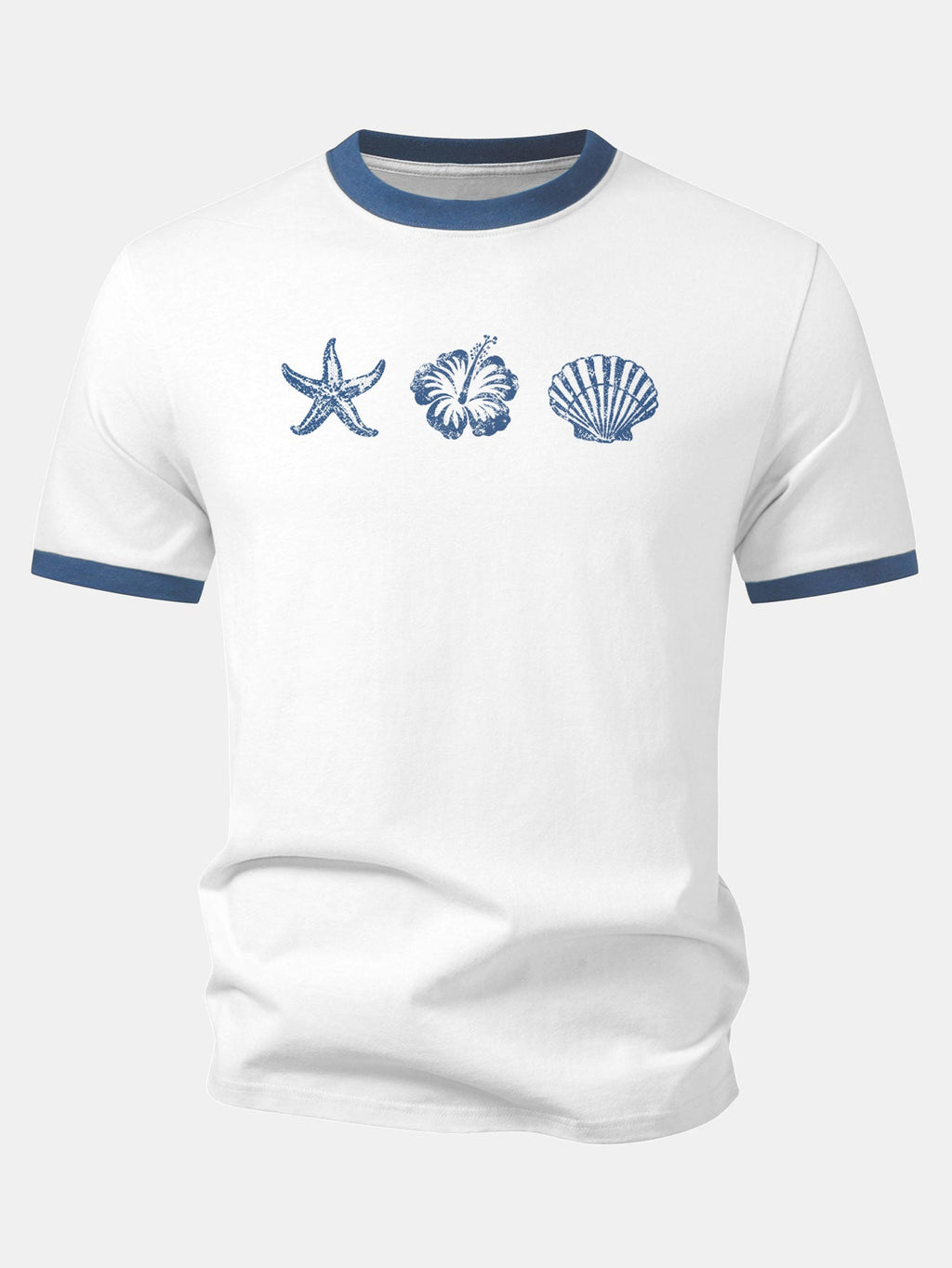 Starfish Hibiscus Shells Print Contrast Ringer T-Shirt