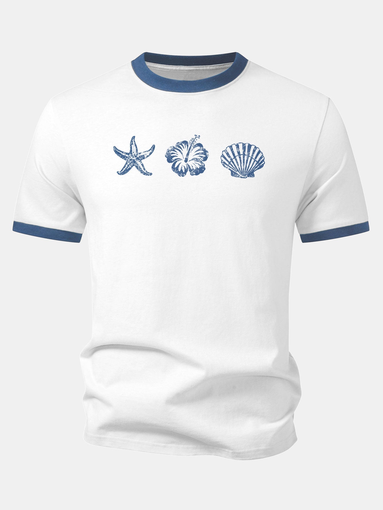 Starfish Hibiscus Shells Print Contrast Ringer T-Shirt