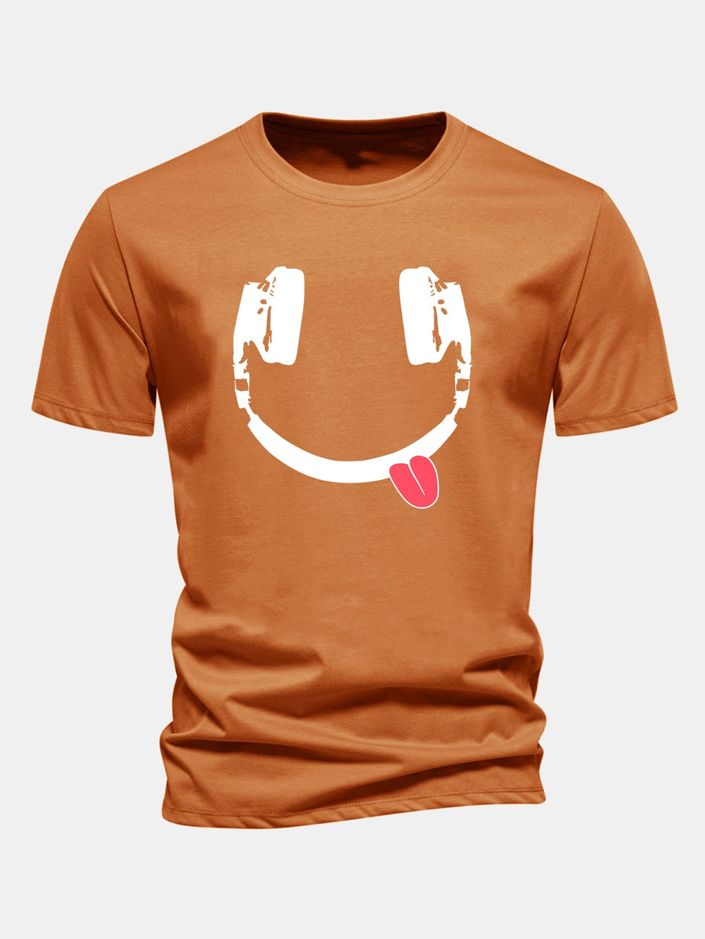 Regular Fit Headphone Smiley Face Print Cotton T-Shirt