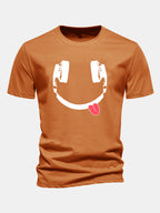 Regular Fit Headphone Smiley Face Print Cotton T-Shirt