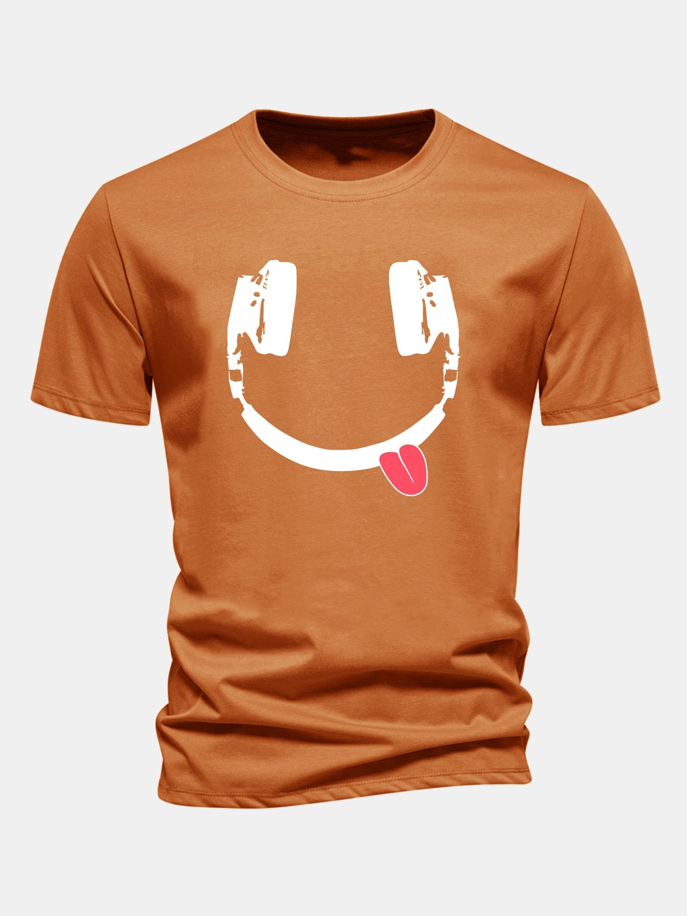 Regular Fit Headphone Smiley Face Print Cotton T-Shirt