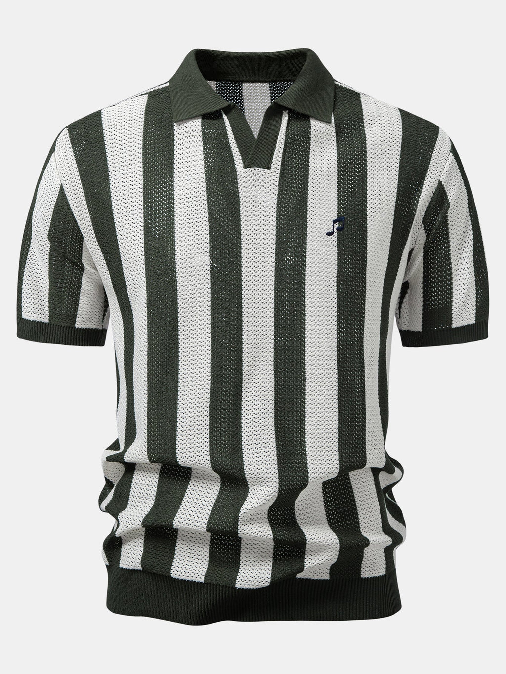 Striped V Neck Open Knit Polo