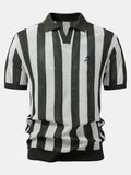 Striped V Neck Open Knit Polo