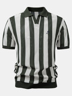Striped V Neck Open Knit Polo