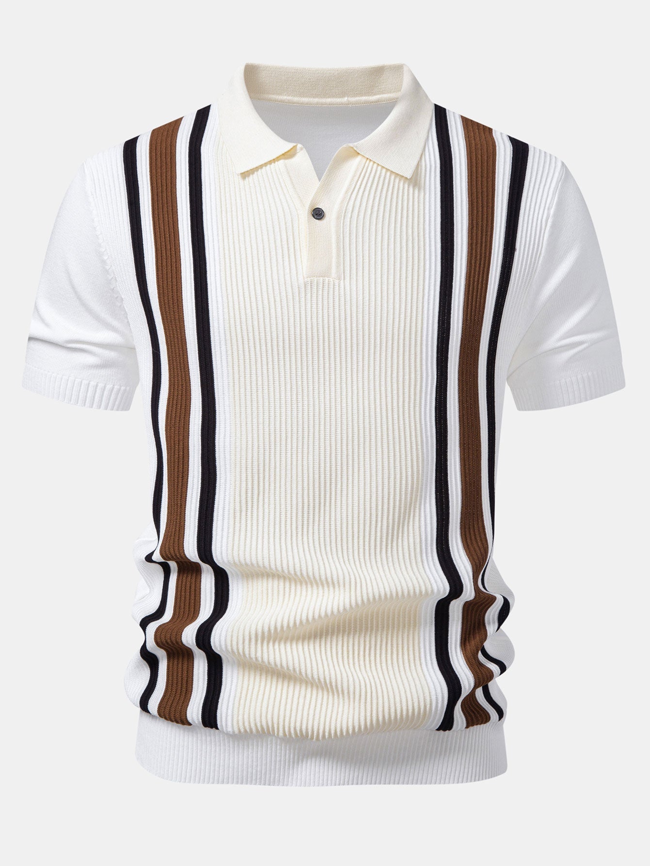 Contrast Striped Ribbed Knit Polo & Elastic Waist Chino Shorts