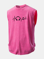 Music Heartbeat Print Washed Distressed Tank Top