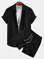Linen Look Button Up Shirt & Crinkle Textured Drawstring 5" Shorts