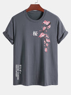 Regular Fit Cherry Blossoms Print Cotton T-Shirt
