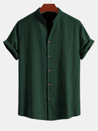 Linen Look V-Neck Stand Collar Shirt