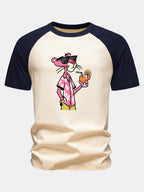 Vacation Pink Panther Print Cotton Raglan Sleeve T-Shirt
