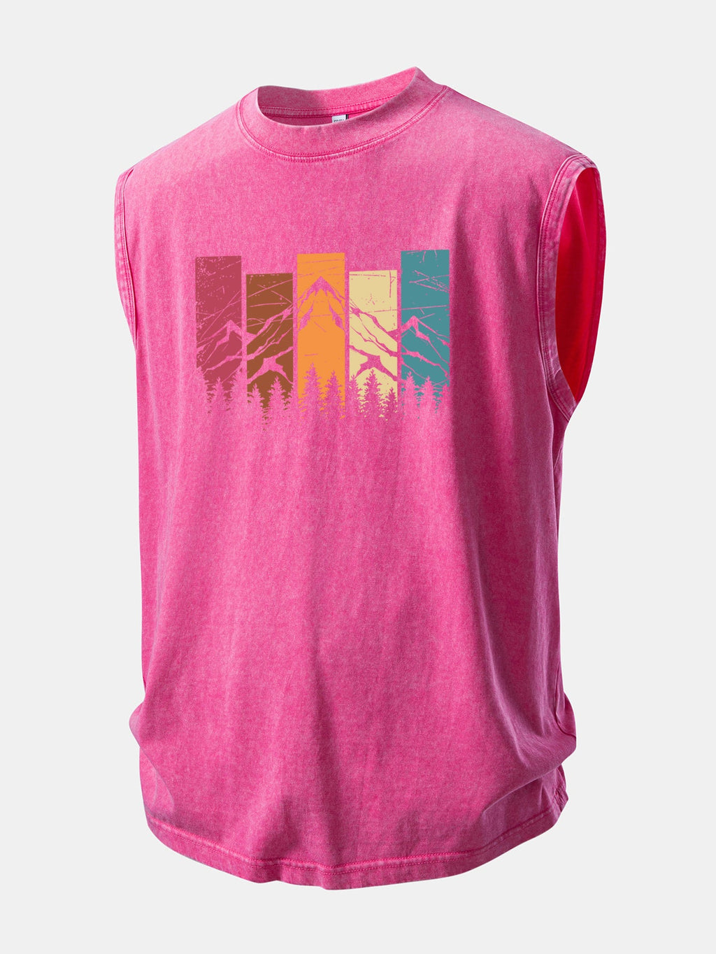 Colorful Mountain Print Washed Distressed Tank Top