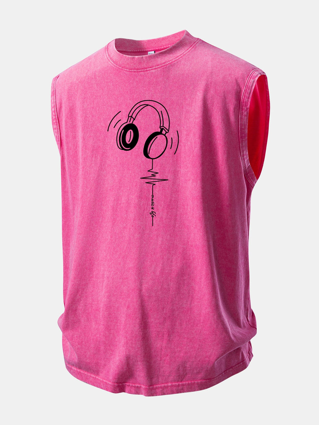 Earphone Heartbeat Print Washed Distressed Tank Top