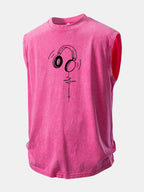 Earphone Heartbeat Print Washed Distressed Tank Top