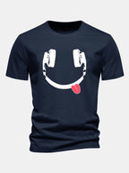 Regular Fit Headphone Smiley Face Print Cotton T-Shirt