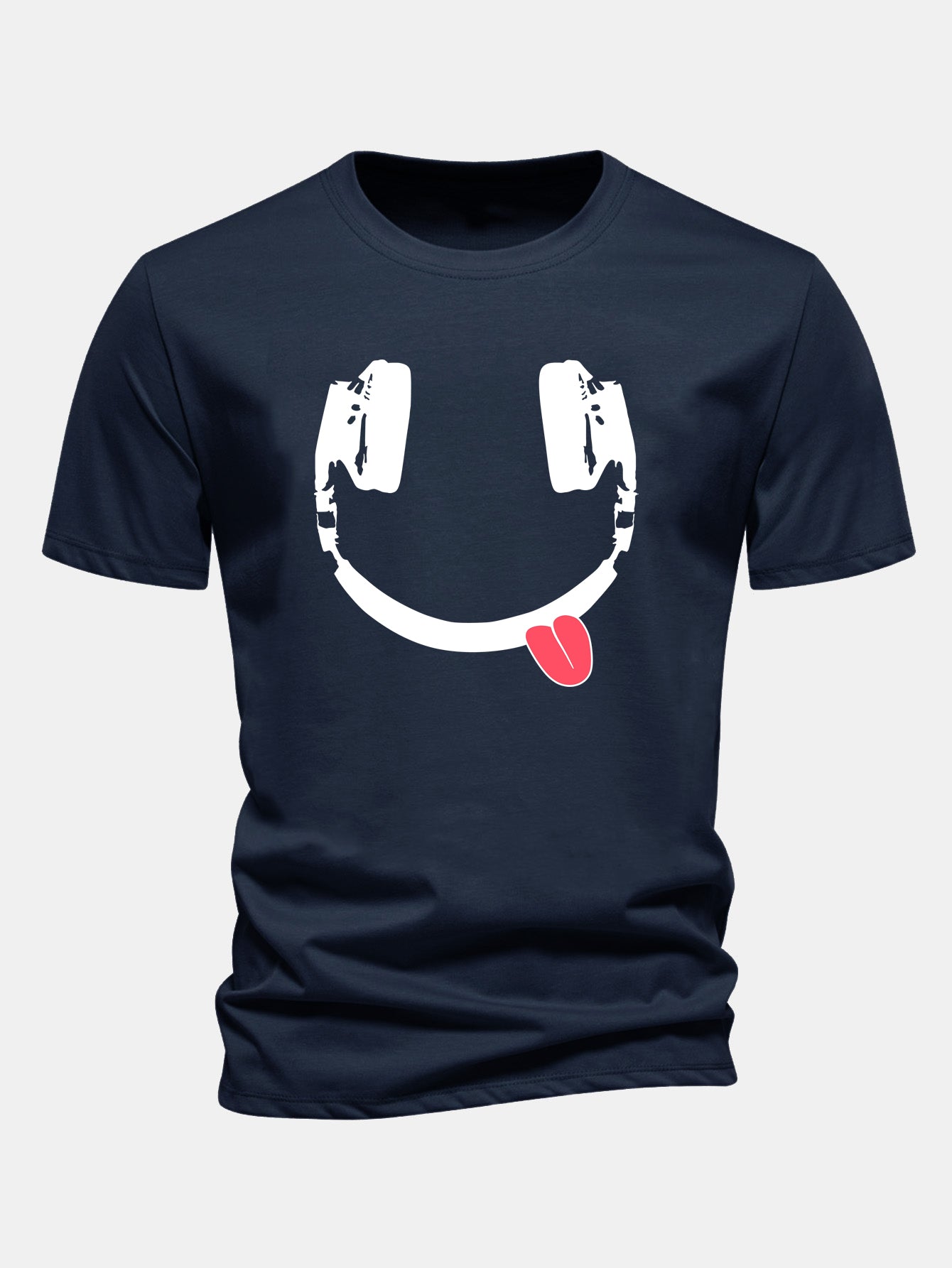 Regular Fit Headphone Smiley Face Print Cotton T-Shirt