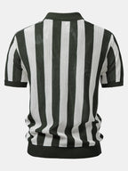 Striped V Neck Open Knit Polo