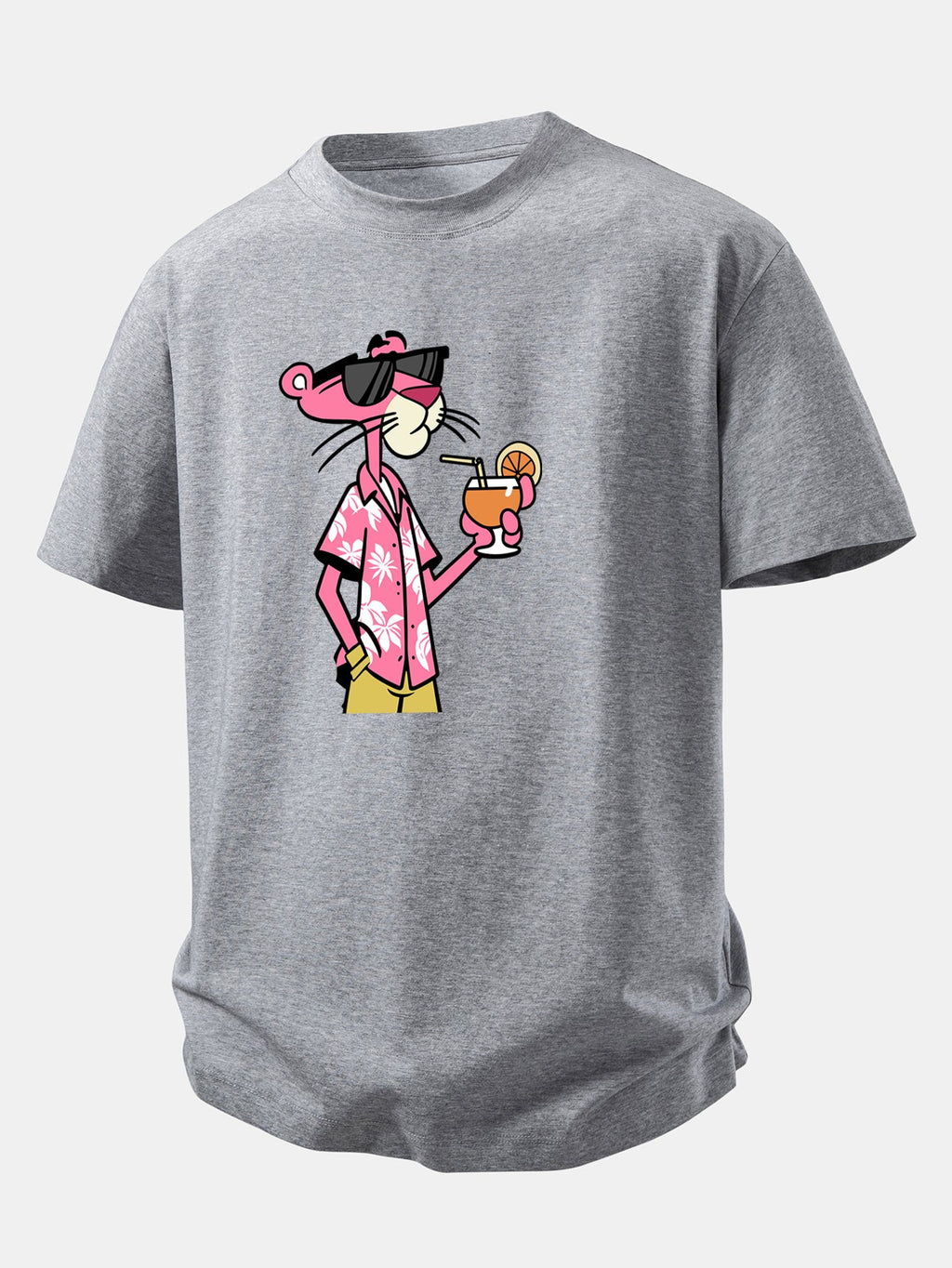 Relax Fit Vacation Pink Panther Print Crew Collar T-Shirt  & Drawstring Jersey 7" Shorts