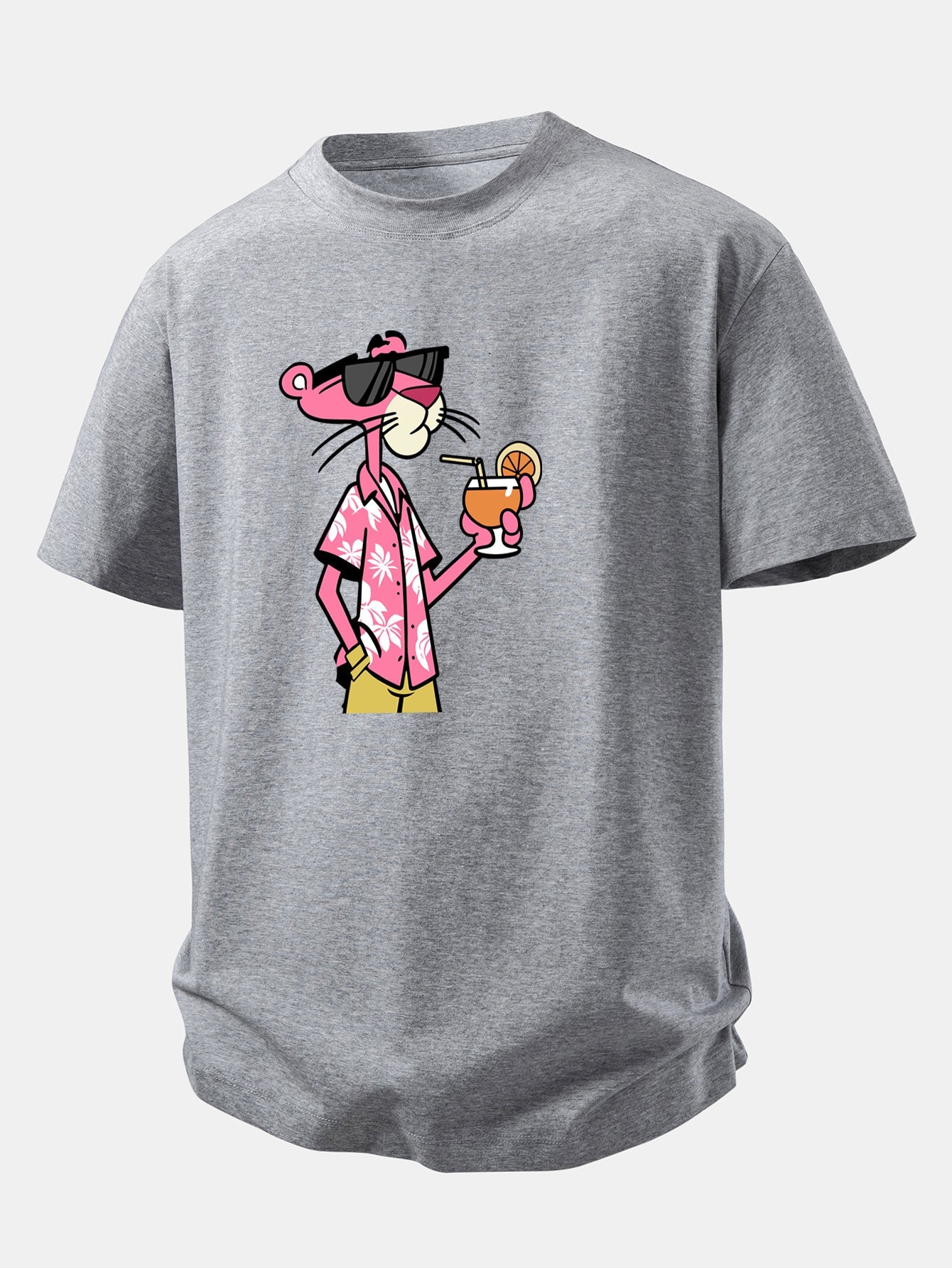 Relax Fit Vacation Pink Panther Print Crew Collar T-Shirt  & Drawstring Jersey 7" Shorts