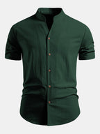 Linen Look V-Neck Stand Collar Shirt
