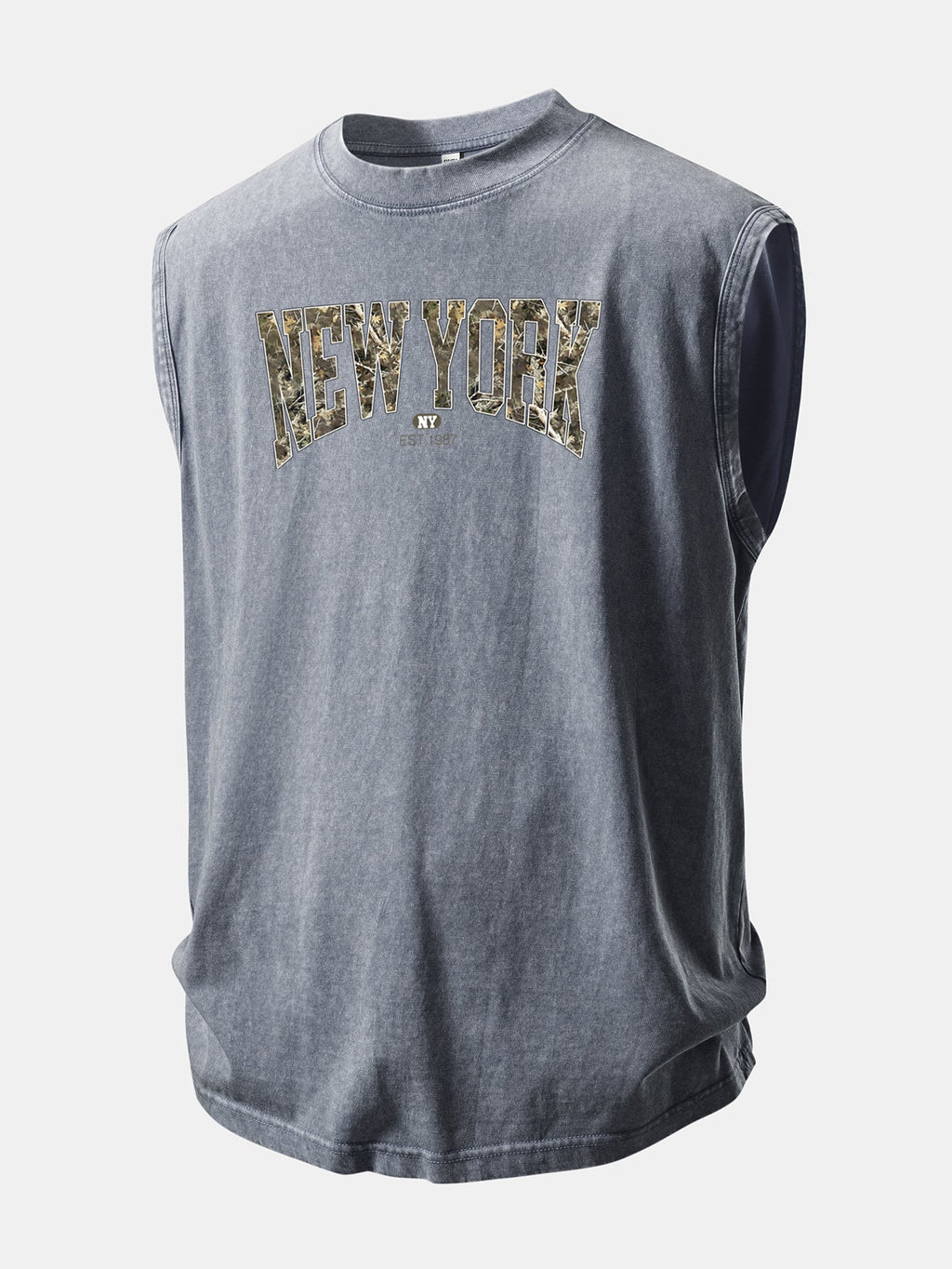 Camouflage New York Print Washed Distressed Tank Top