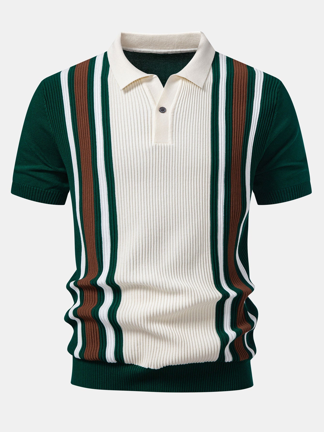 Contrast Striped Ribbed Knit Polo & Elastic Waist Chino Shorts