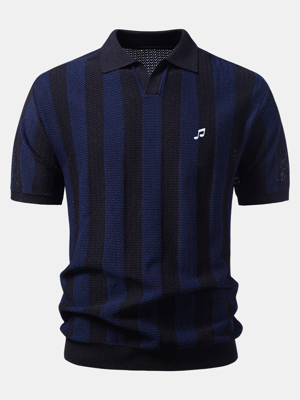 Striped V Neck Open Knit Polo