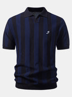 Striped V Neck Open Knit Polo