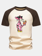 Vacation Pink Panther Print Cotton Raglan Sleeve T-Shirt