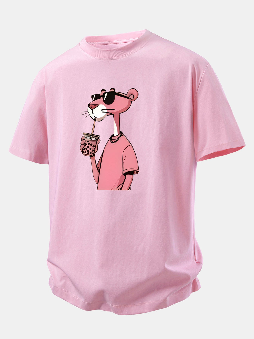 Relax Fit Pink Panther Print Crew Collar T-Shirt  & Drawstring Jersey 7" Shorts