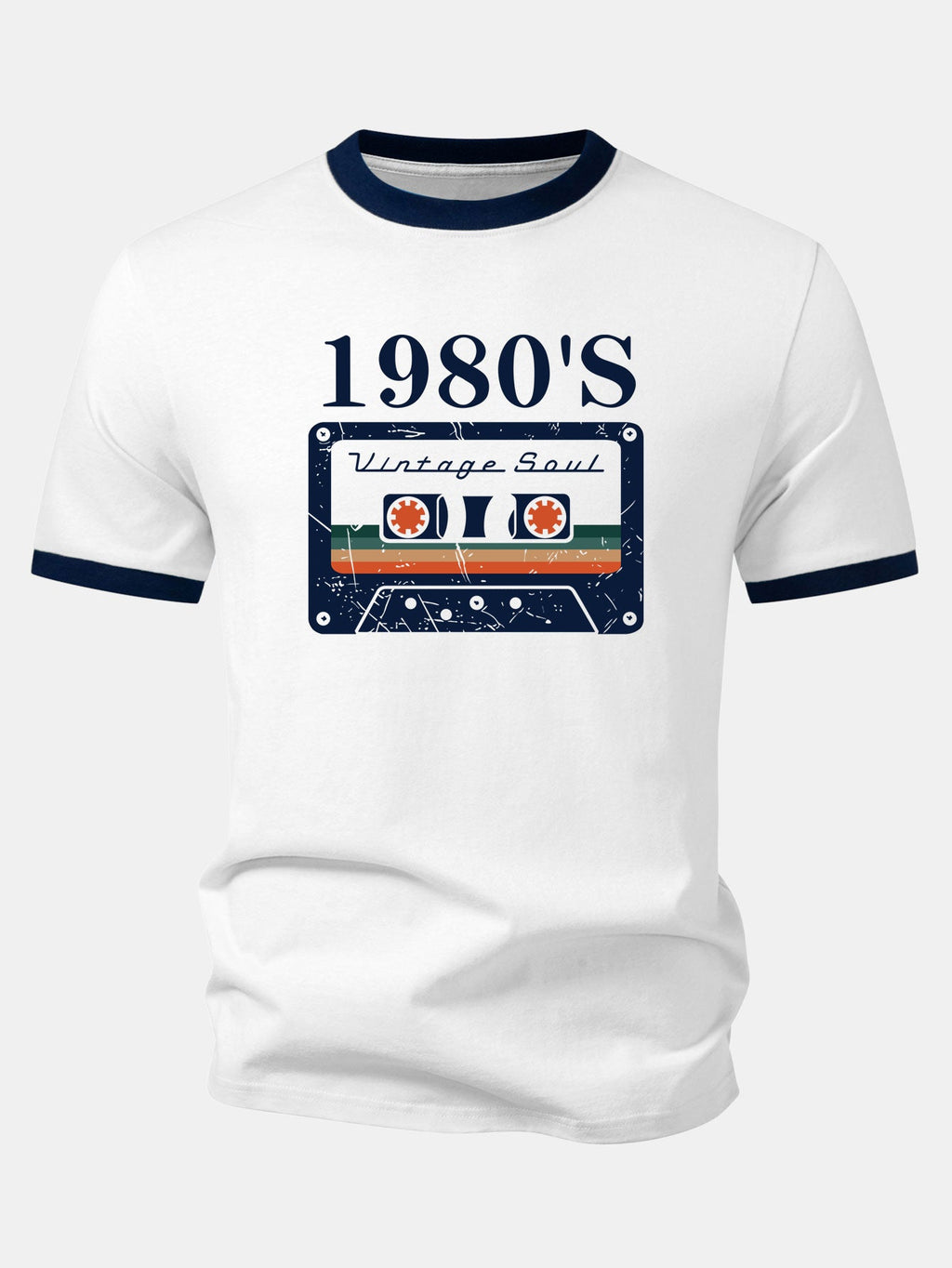1980‘s Cassette Tape Print Contrast Ringer T-Shirt
