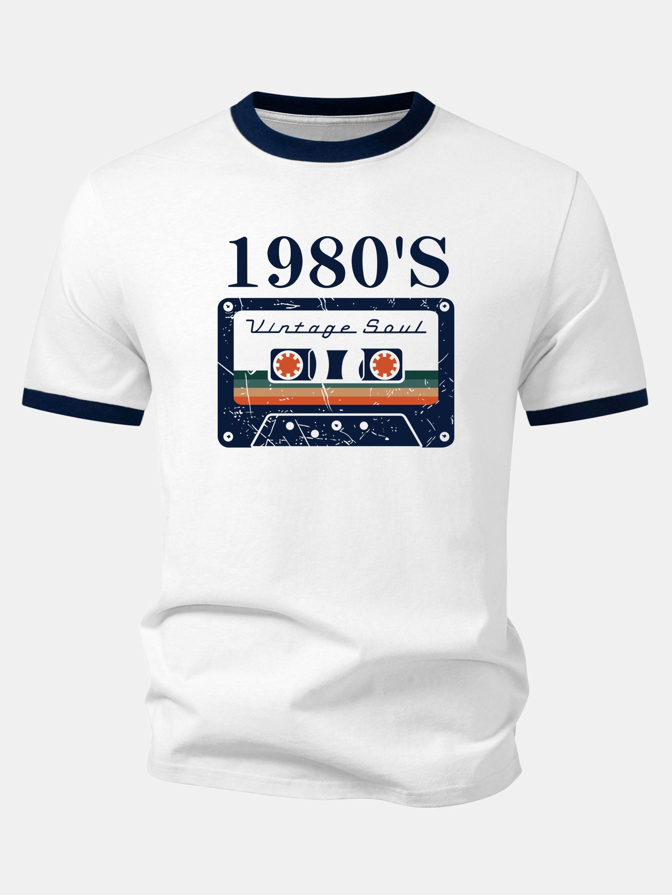 1980‘s Cassette Tape Print Contrast Ringer T-Shirt