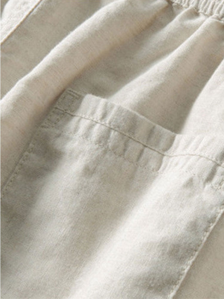 Linen Look V-Neck Stand Collar Shirt & Straight Leg Linen Pants
