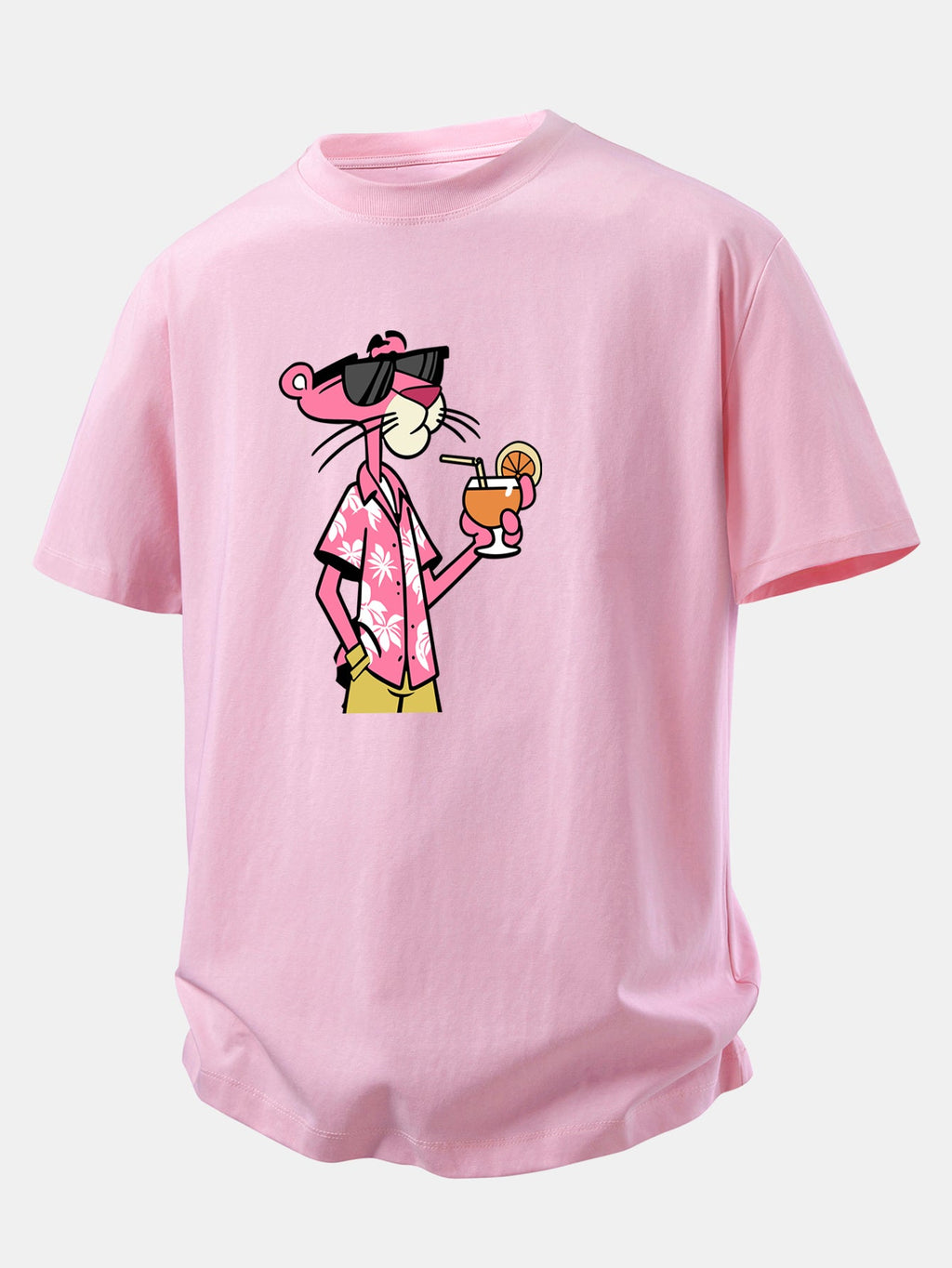 Relax Fit Vacation Pink Panther Print Crew Collar T-Shirt  & Drawstring Jersey 7" Shorts
